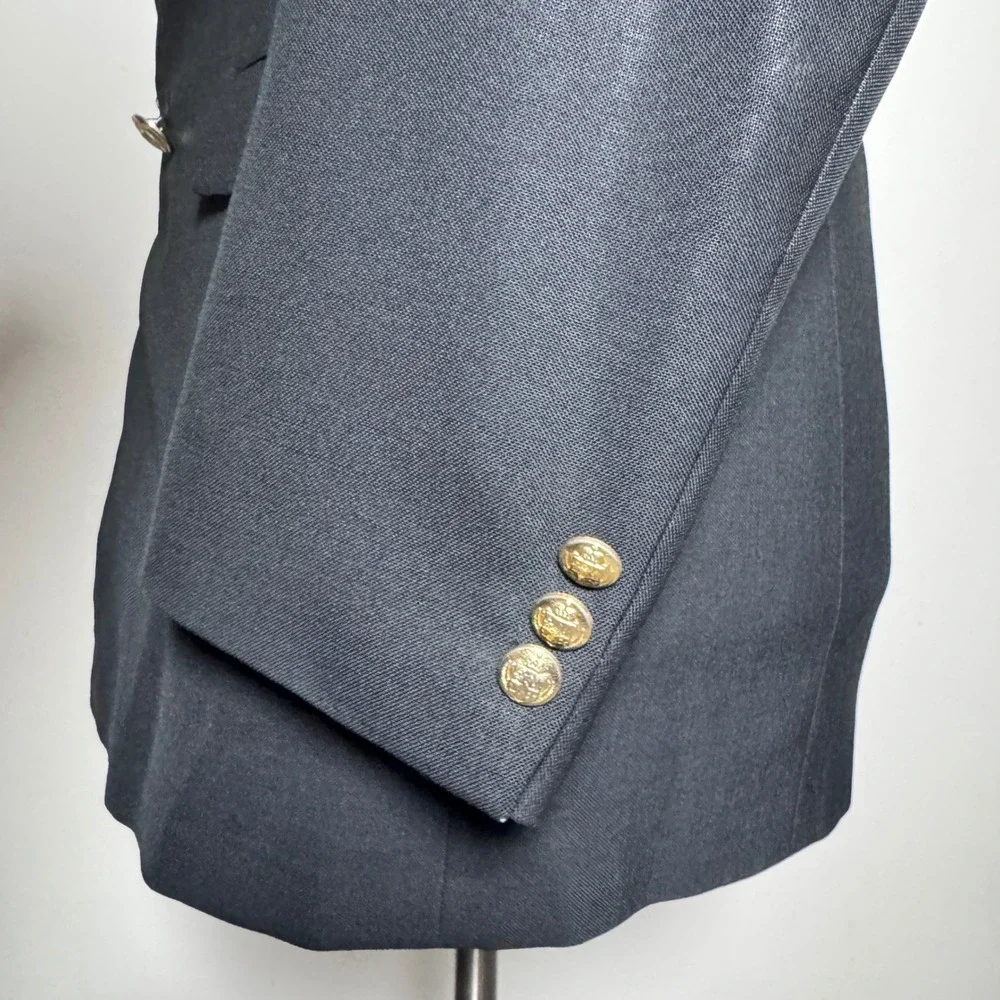 Lacrosse Blazer Mens 40L Navy Blue Solid Double Breasted Gold Crest Buttons